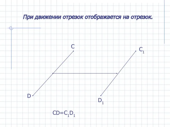 При движении отрезок отображается на отрезок. С D C1 D1 CD=C1D1