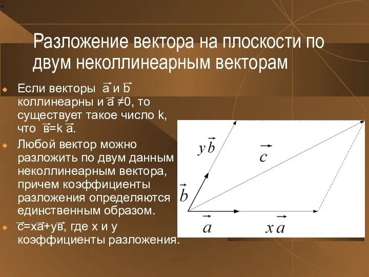 Разложение вектора на плоскости по двум неколлинеарным векторам Если векторы a