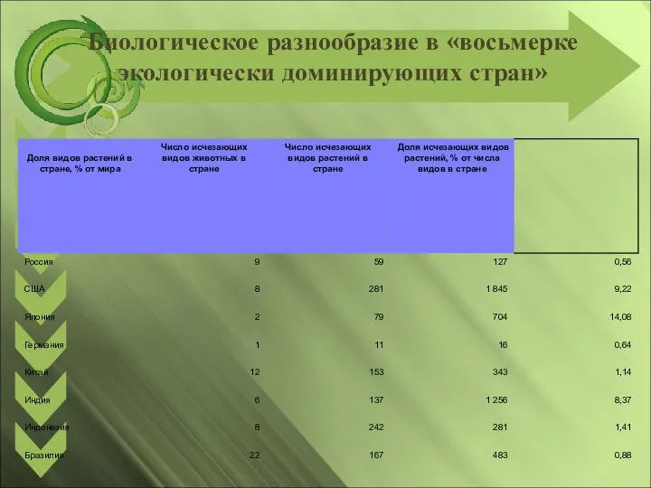 Биологическое разнообразие в «восьмерке экологически доминирующих стран»