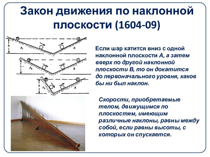 Закон движения по наклонной плоскости (1604-09) Если шар катится вниз с