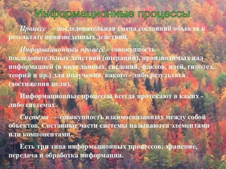 Информационные процессы Процесс — последовательная смена состояний объекта в результате произведенных