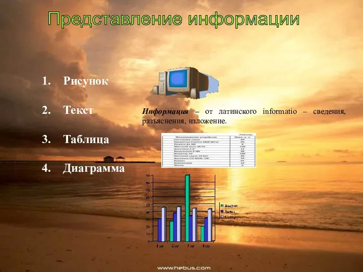 Рисунок Текст Таблица Диаграмма Представление информации Информация – от латинского informatio – сведения, разъяснения, изложение.