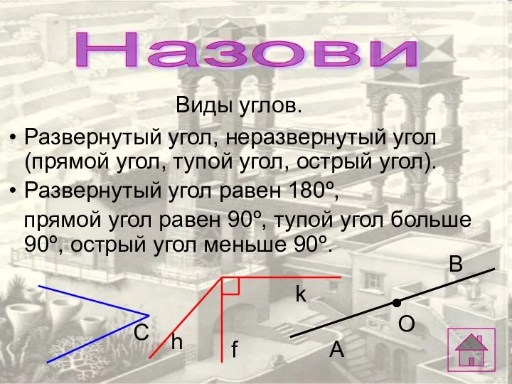 Виды углов. Развернутый угол, неразвернутый угол (прямой угол, тупой угол, острый