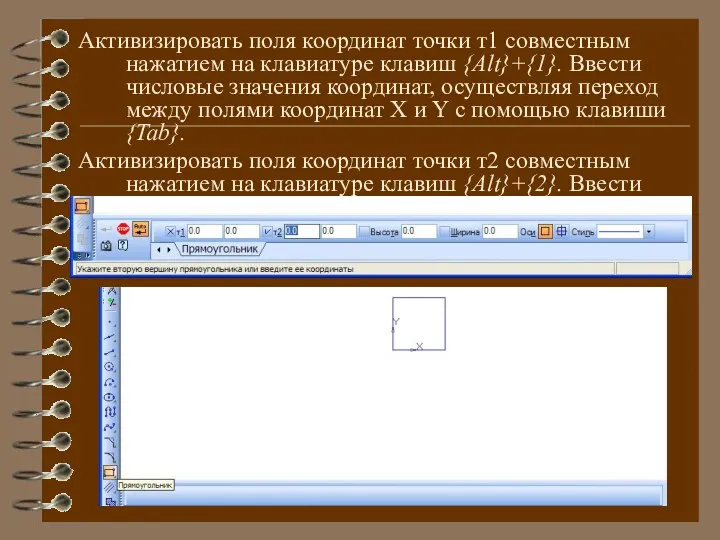 Активизировать поля координат точки т1 совместным нажатием на клавиатуре клавиш {Alt}+{1}.