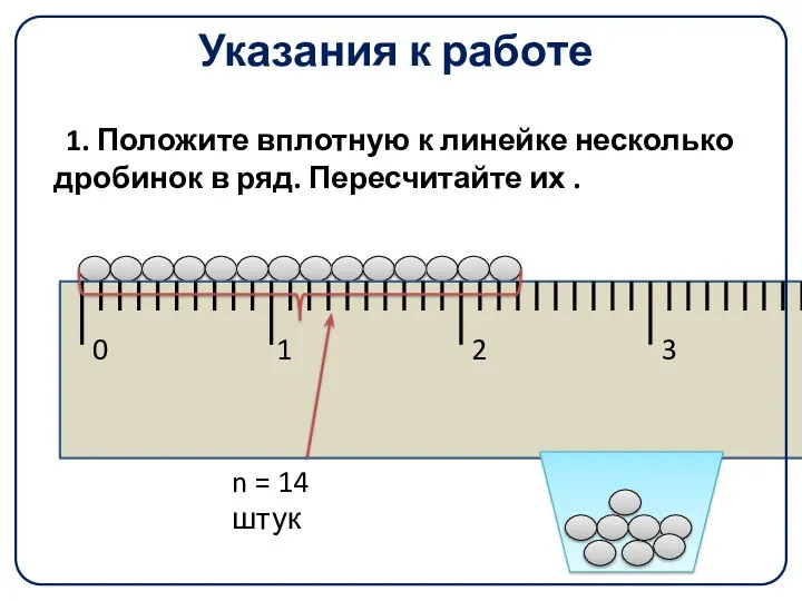 Указания к работе 1. Положите вплотную к линейке несколько дробинок в ряд. Пересчитайте их .