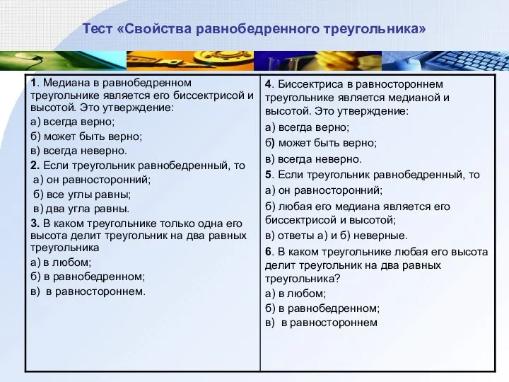 Тест «Свойства равнобедренного треугольника»