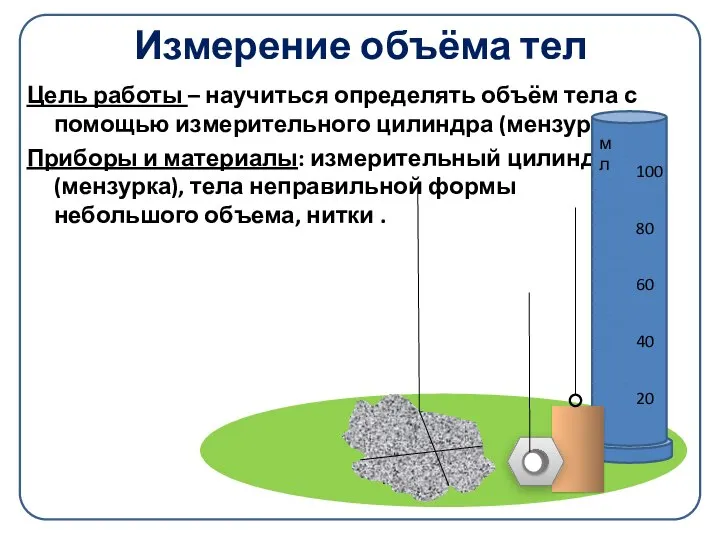 Измерение объёма тел Цель работы – научиться определять объём тела с