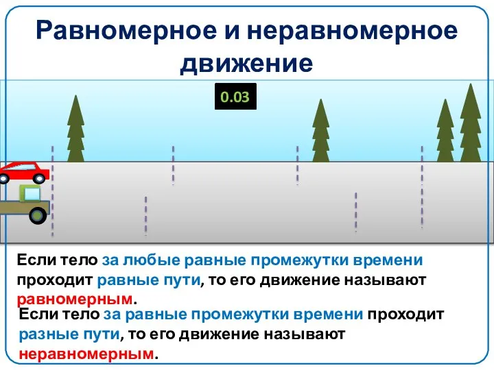 Равномерное и неравномерное движение 0.00 0.01 0.02 0.03 Если тело за