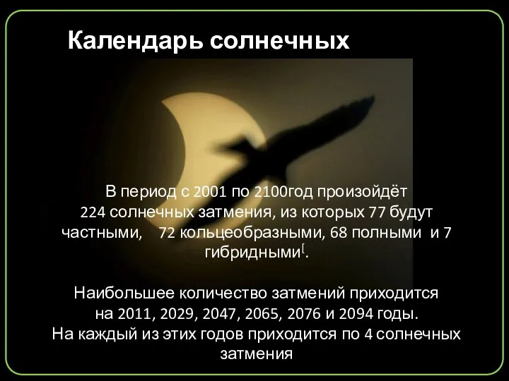 Календарь солнечных затмений В период с 2001 по 2100год произойдёт 224