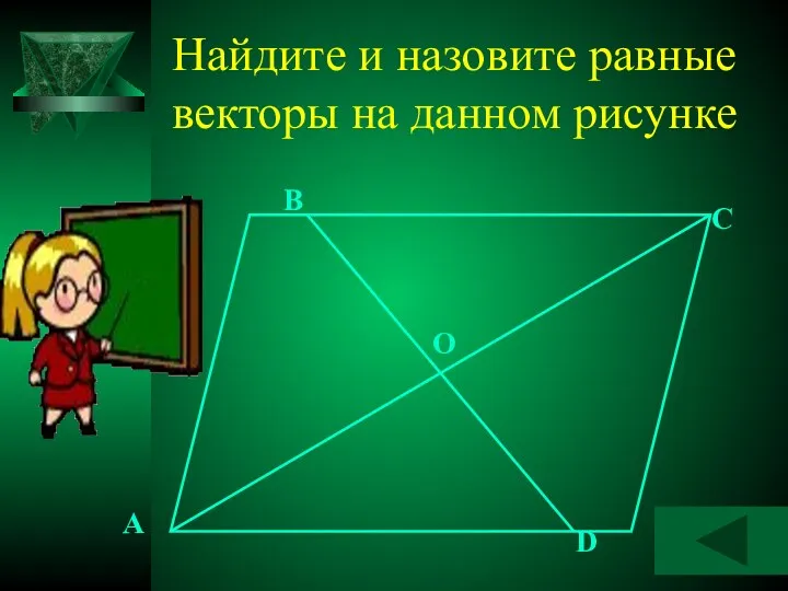 Найдите и назовите равные векторы на данном рисунке A B C D O