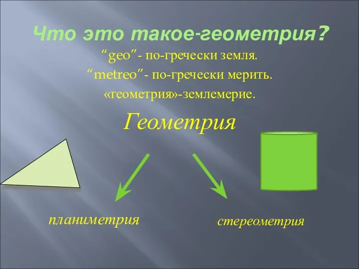 Что это такое-геометрия? “geo”- по-гречески земля. “metreo”- по-гречески мерить. «геометрия»-землемерие. Геометрия планиметрия стереометрия