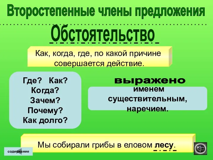 Второстепенные члены предложения Как, когда, где, по какой причине совершается действие.