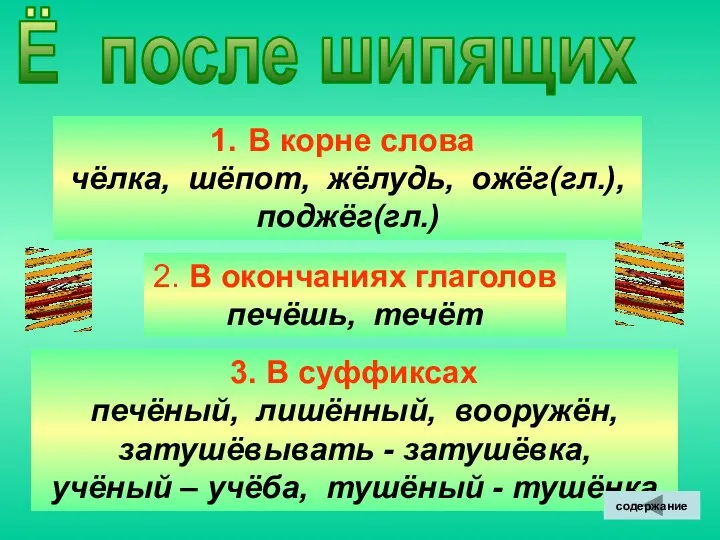 Ё после шипящих В корне слова чёлка, шёпот, жёлудь, ожёг(гл.), поджёг(гл.)