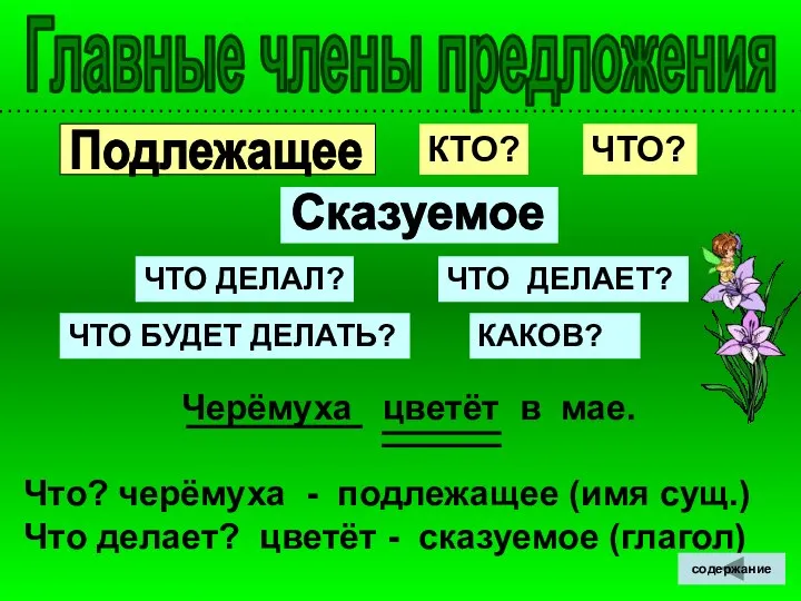 Черёмуха цветёт в мае. Что? черёмуха - подлежащее (имя сущ.) Что