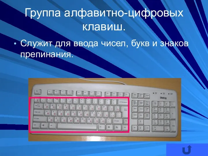 Группа алфавитно-цифровых клавиш. Служит для ввода чисел, букв и знаков препинания.