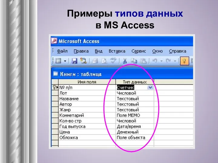 Примеры типов данных в MS Access