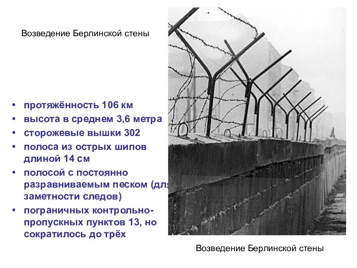 Возведение Берлинской стены протяжённость 106 км высота в среднем 3,6 метра