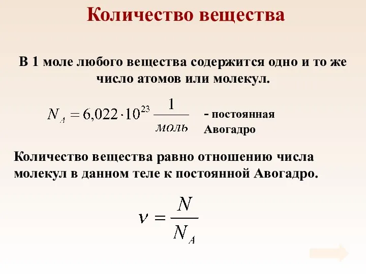 Количество вещества В 1 моле любого вещества содержится одно и то