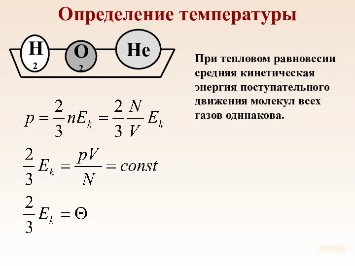 Определение температуры При тепловом равновесии средняя кинетическая энергия поступательного движения молекул всех газов одинакова.