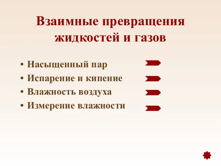 Взаимные превращения жидкостей и газов Насыщенный пар Испарение и кипение Влажность воздуха Измерение влажности