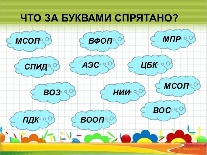 ЧТО ЗА БУКВАМИ СПРЯТАНО? МСОП ПДК ВОЗ СПИД АЭС ВООП ВОС НИИ МСОП ЦБК ВФОП МПР