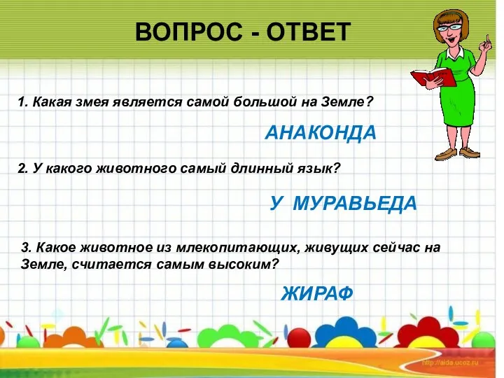 ВОПРОС - ОТВЕТ 2. У какого животного самый длинный язык? 1.