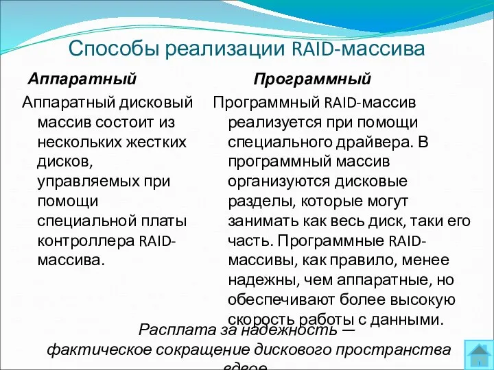 Способы реализации RAID-массива Аппаратный Аппаратный дисковый массив состоит из нескольких жестких