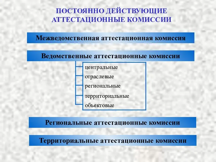 ПОСТОЯННО ДЕЙСТВУЮЩИЕ АТТЕСТАЦИОННЫЕ КОМИССИИ Межведомственная аттестационная комиссия Ведомственные аттестационные комиссии Региональные аттестационные комиссии Территориальные аттестационные комиссии