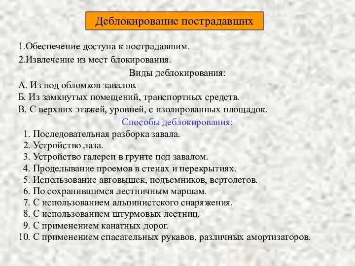 Деблокирование пострадавших 1.Обеспечение доступа к пострадавшим. 2.Извлечение из мест блокирования. Виды