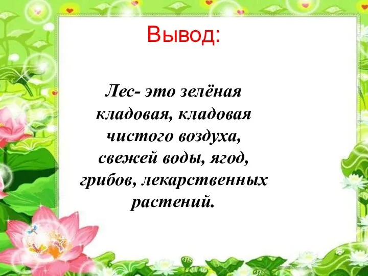 Вывод: Лес- это зелёная кладовая, кладовая чистого воздуха, свежей воды, ягод, грибов, лекарственных растений.