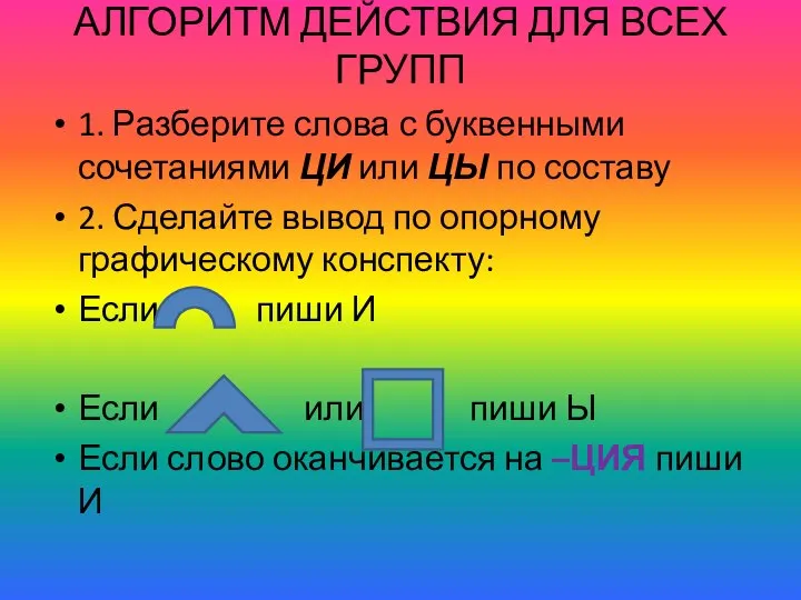 АЛГОРИТМ ДЕЙСТВИЯ ДЛЯ ВСЕХ ГРУПП 1. Разберите слова с буквенными сочетаниями