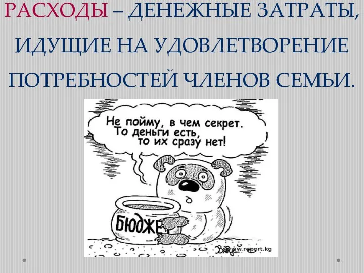 РАСХОДЫ – ДЕНЕЖНЫЕ ЗАТРАТЫ, ИДУЩИЕ НА УДОВЛЕТВОРЕНИЕ ПОТРЕБНОСТЕЙ ЧЛЕНОВ СЕМЬИ.