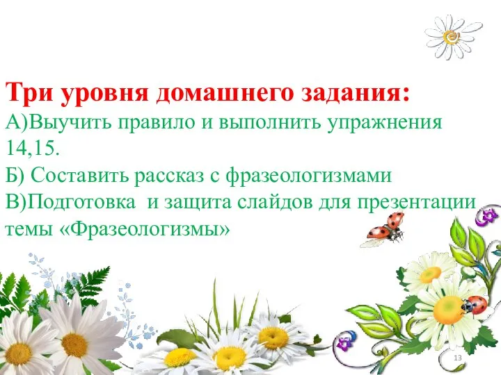 Три уровня домашнего задания: А)Выучить правило и выполнить упражнения 14,15. Б)