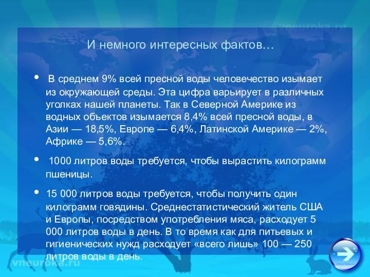 И немного интересных фактов… В среднем 9% всей пресной воды человечество