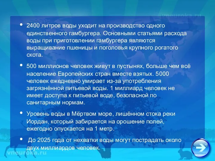 2400 литров воды уходит на производство одного единственного гамбургера. Основными статьями