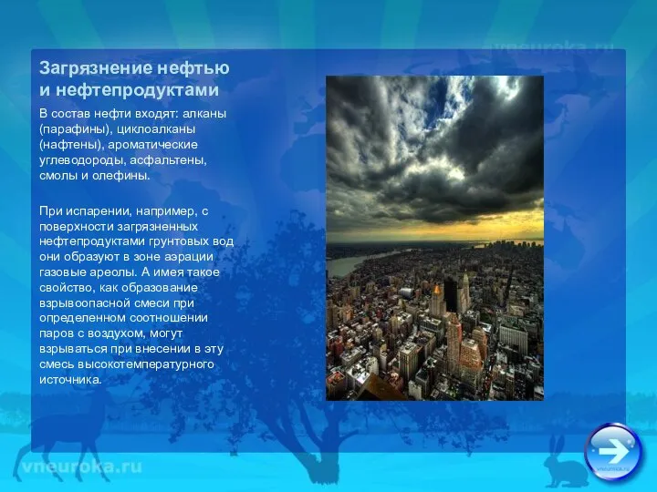 Загрязнение нефтью и нефтепродуктами В состав нефти входят: алканы (парафины), циклоалканы