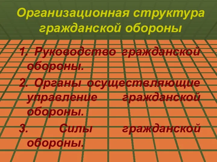 Организационная структура гражданской обороны 1. Руководство гражданской обороны. 2. Органы осуществляющие