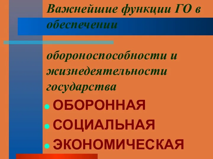 Важнейшие функции ГО в обеспечении обороноспособности и жизнедеятельности государства ОБОРОННАЯ СОЦИАЛЬНАЯ ЭКОНОМИЧЕСКАЯ