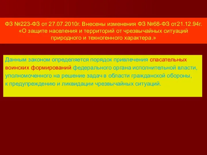 ФЗ №223-ФЗ от 27.07.2010г. Внесены изменения ФЗ №68-ФЗ от21.12.94г. «О защите