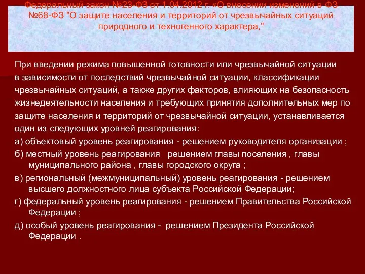 Федеральный закон №23-ФЗ от 1.04.2012 г. «О внесении изменений в ФЗ