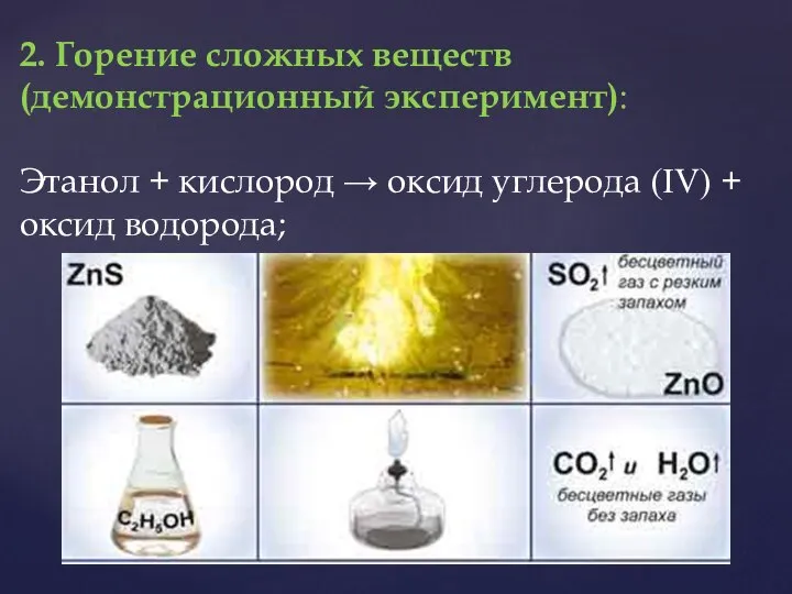 2. Горение сложных веществ (демонстрационный эксперимент): Этанол + кислород → оксид углерода (IV) + оксид водорода;