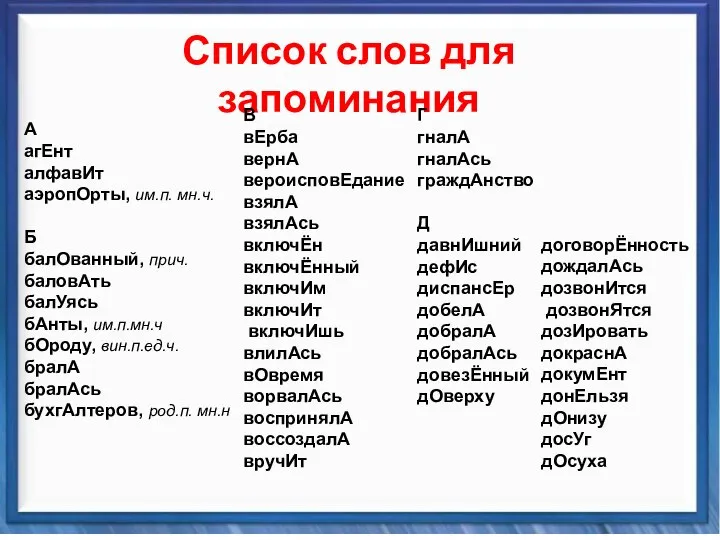 Синтаксические средства Список слов для запоминания А агЕнт алфавИт аэропОрты, им.п.