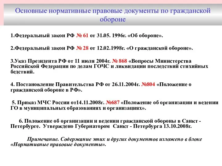 Основные нормативные правовые документы по гражданской обороне 1.Федеральный закон РФ №