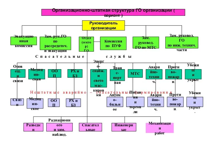 Организационно-штатная структура ГО организации ( вариант ) Руководитель организации Эвакуационная комиссия