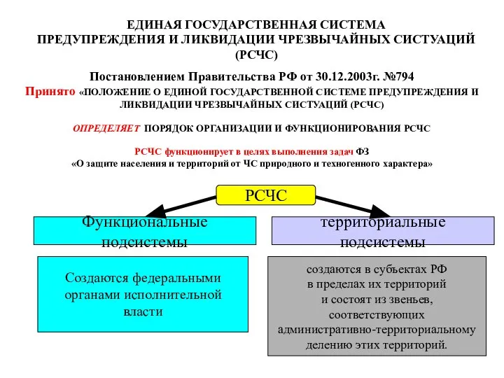 ЕДИНАЯ ГОСУДАРСТВЕННАЯ СИСТЕМА ПРЕДУПРЕЖДЕНИЯ И ЛИКВИДАЦИИ ЧРЕЗВЫЧАЙНЫХ СИСТУАЦИЙ (РСЧС) Постановлением Правительства