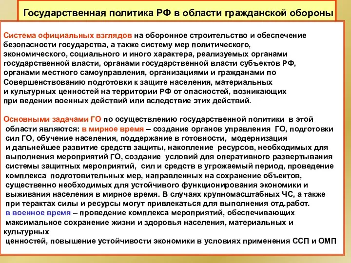 Государственная политика РФ в области гражданской обороны Система официальных взглядов на