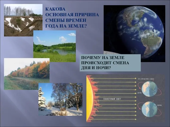 ПОЧЕМУ НА ЗЕМЛЕ ПРОИСХОДИТ СМЕНА ДНЯ И НОЧИ? КАКОВА ОСНОВНАЯ ПРИЧИНА СМЕНЫ ВРЕМЕН ГОДА НА ЗЕМЛЕ?