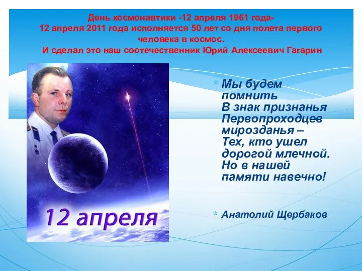 День космонавтики -12 апреля 1961 года- 12 апреля 2011 года исполняется