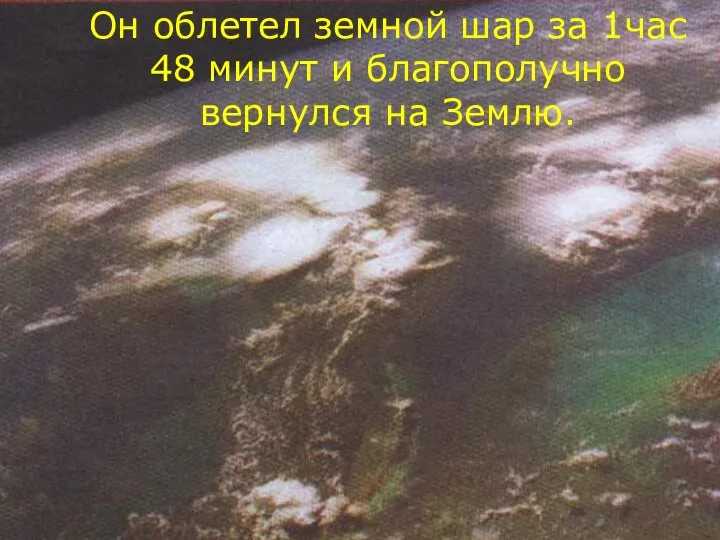 Он облетел земной шар за 1час 48 минут и благополучно вернулся на Землю.