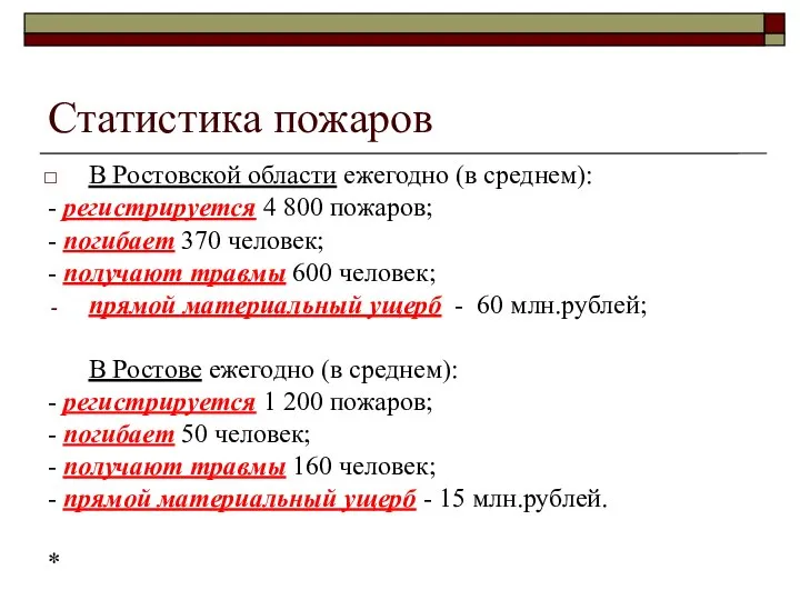 Статистика пожаров В Ростовской области ежегодно (в среднем): - регистрируется 4